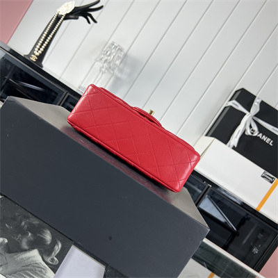 Cha.nel Mini Classic Flap Bag Lambskin Gold Tone Metal Red 01116