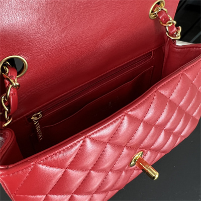 Cha.nel Mini Classic Flap Bag Lambskin Gold Tone Metal Red 01116