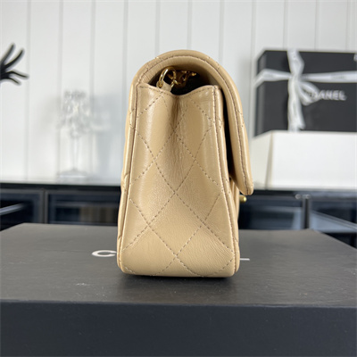 Cha.nel Mini Classic Flap Bag Lambskin Gold Tone Metal Beige 01116