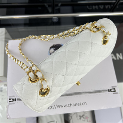 Cha.nel Small Classic Flap Bag Grained Calfskin Gold Tone Metal White 01117 (Flap Edge Stitch)