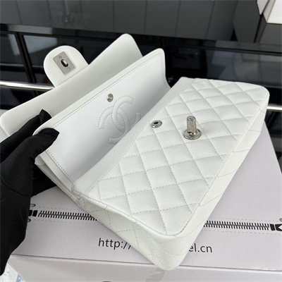 Cha.nel Small Classic Flap Bag Grained Calfskin Silver Tone Metal White 01117