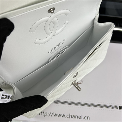 Cha.nel Small Classic Flap Bag Grained Calfskin Silver Tone Metal White 01117