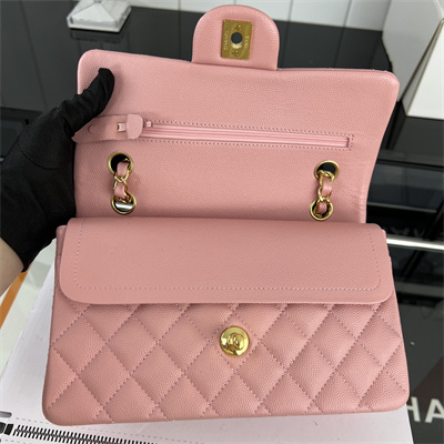 Cha.nel Small Classic Flap Bag Grained Calfskin Gold Tone Metal Pink 01117