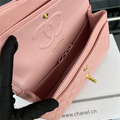 Cha.nel Small Classic Flap Bag Grained Calfskin Gold Tone Metal Pink 01117 (Flap Edge Stitch)