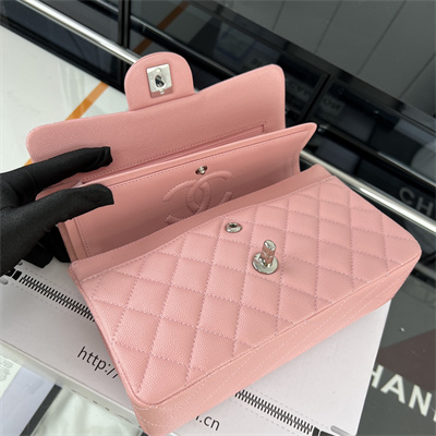 Cha.nel Small Classic Flap Bag Grained Calfskin Silver Tone Metal Pink 01117