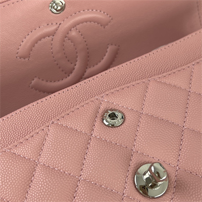 Cha.nel Small Classic Flap Bag Grained Calfskin Silver Tone Metal Pink 01117