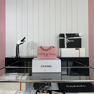 Cha.nel Small Classic Flap Bag Grained Calfskin Silver Tone Metal Pink 01117 (Flap Edge Stitch)