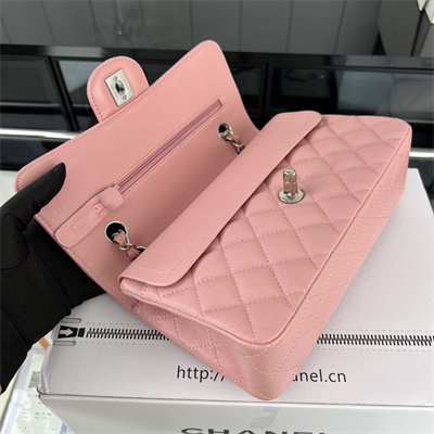 Cha.nel Small Classic Flap Bag Grained Calfskin Silver Tone Metal Pink 01117 (Flap Edge Stitch)