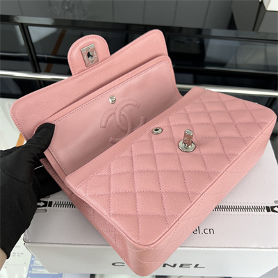 Cha.nel Small Classic Flap Bag Grained Calfskin Silver Tone Metal Pink 01117 (Flap Edge Stitch)