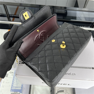 Cha.nel Small Classic Flap Bag Grained Calfskin Gold Tone Metal Black 01117 (Flap Edge Stitch)