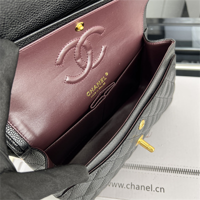 Cha.nel Small Classic Flap Bag Grained Calfskin Gold Tone Metal Black 01117 (Flap Edge Stitch)