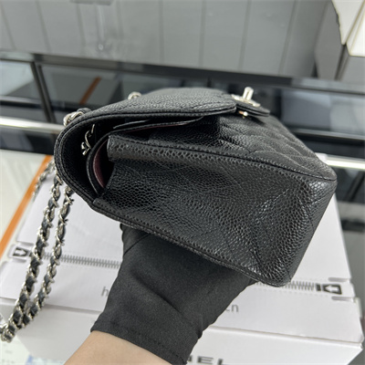 Cha.nel Small Classic Flap Bag Grained Calfskin Silver Tone Metal Black 01117 (Flap Edge Stitch)