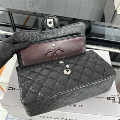 Cha.nel Small Classic Flap Bag Grained Calfskin Silver Tone Metal Black 01117 (Flap Edge Stitch)