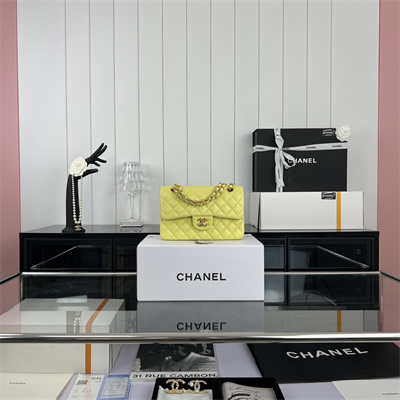 Cha.nel Small Classic Flap Bag Grained Calfskin Gold Tone Metal Yellow 01117