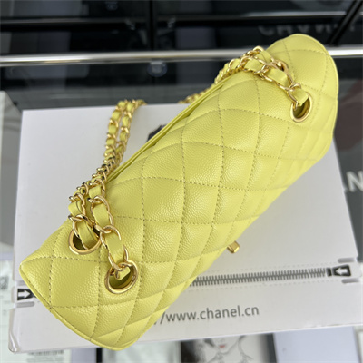 Cha.nel Small Classic Flap Bag Grained Calfskin Gold Tone Metal Yellow 01117 (Flap Edge Stitch)