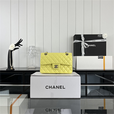 Cha.nel Small Classic Flap Bag Grained Calfskin Silver Tone Metal Yellow 01117