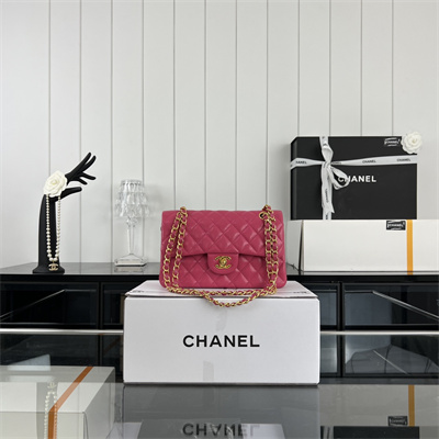 Cha.nel Small Classic Flap Bag Grained Calfskin Gold Tone Metal Fuchsia 01117