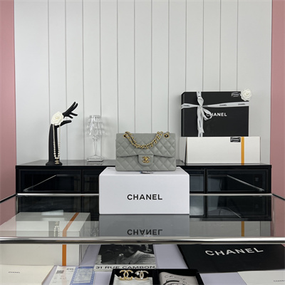 Cha.nel Small Classic Flap Bag Grained Calfskin Gold Tone Metal Grey 01117