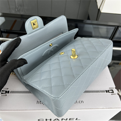 Cha.nel Small Classic Flap Bag Grained Calfskin Gold Tone Metal Lt Blue 01117
