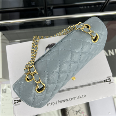Cha.nel Small Classic Flap Bag Grained Calfskin Gold Tone Metal Lt Blue 01117 (Flap Edge Stitch)