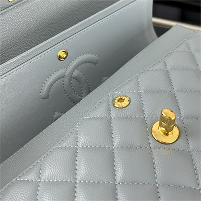 Cha.nel Small Classic Flap Bag Grained Calfskin Gold Tone Metal Lt Blue 01117 (Flap Edge Stitch)
