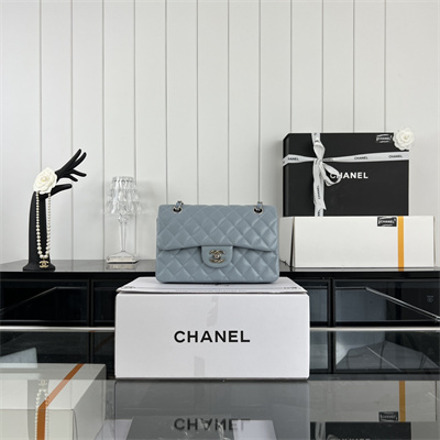 Cha.nel Small Classic Flap Bag Grained Calfskin Silver Tone Metal Lt Blue 01117