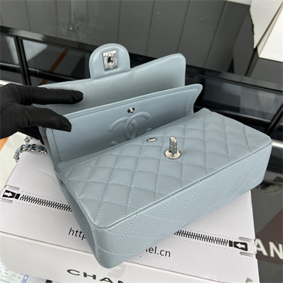 Cha.nel Small Classic Flap Bag Grained Calfskin Silver Tone Metal Lt Blue 01117