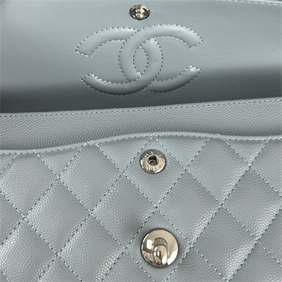 Cha.nel Small Classic Flap Bag Grained Calfskin Silver Tone Metal Lt Blue 01117