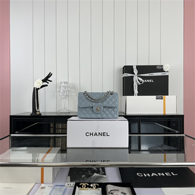 Cha.nel Small Classic Flap Bag Grained Calfskin Silver Tone Metal Lt Blue 01117 (Flap Edge Stitch)