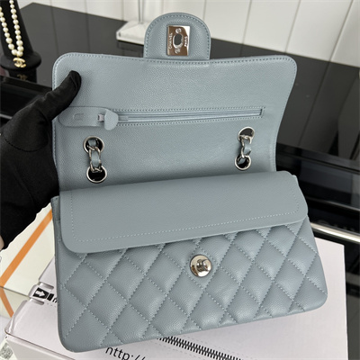 Cha.nel Small Classic Flap Bag Grained Calfskin Silver Tone Metal Lt Blue 01117 (Flap Edge Stitch)