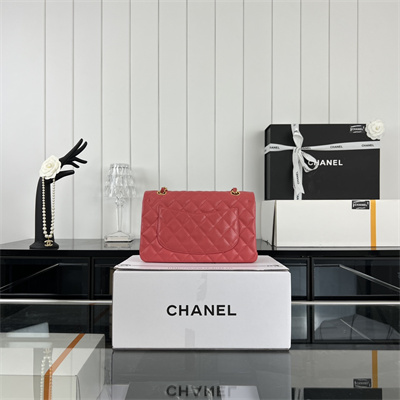 Cha.nel Small Classic Flap Bag Grained Calfskin Gold Tone Metal Red 01117