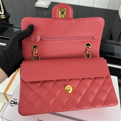 Cha.nel Small Classic Flap Bag Grained Calfskin Gold Tone Metal Red 01117 (Flap Edge Stitch)