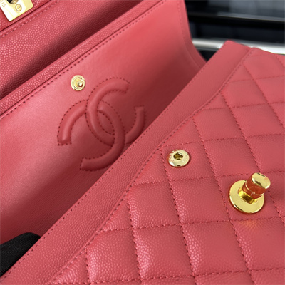 Cha.nel Small Classic Flap Bag Grained Calfskin Gold Tone Metal Red 01117 (Flap Edge Stitch)