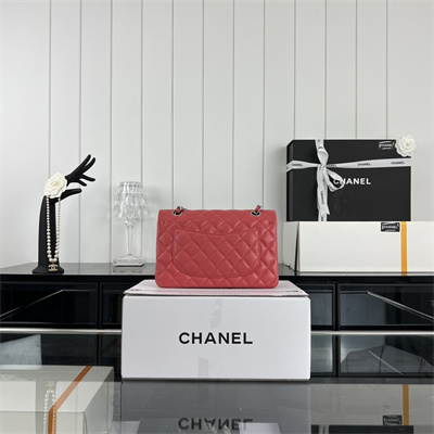 Cha.nel Small Classic Flap Bag Grained Calfskin Silver Tone Metal Red 01117