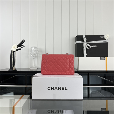 Cha.nel Small Classic Flap Bag Grained Calfskin Silver Tone Metal Red 01117 (Flap Edge Stitch)