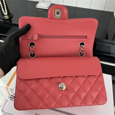 Cha.nel Small Classic Flap Bag Grained Calfskin Silver Tone Metal Red 01117 (Flap Edge Stitch)