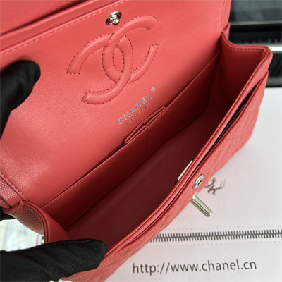 Cha.nel Small Classic Flap Bag Grained Calfskin Silver Tone Metal Red 01117 (Flap Edge Stitch)