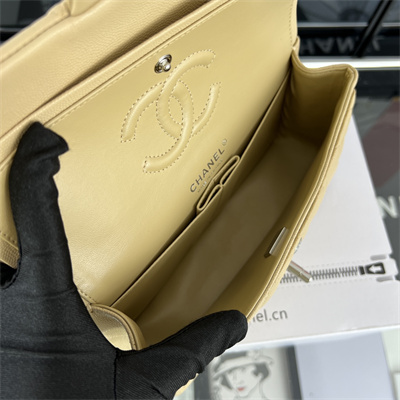 Cha.nel Small Classic Flap Bag Grained Calfskin Silver Tone Metal Beige 01117