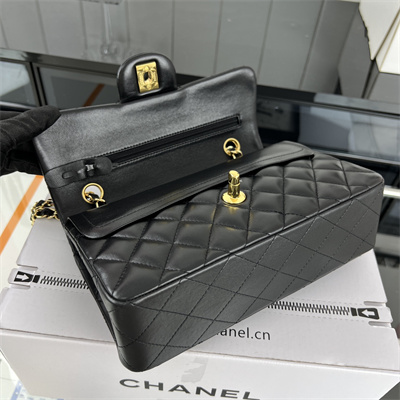 Cha.nel Small Classic Flap Bag Lambskin Gold Tone Metal Black 01117