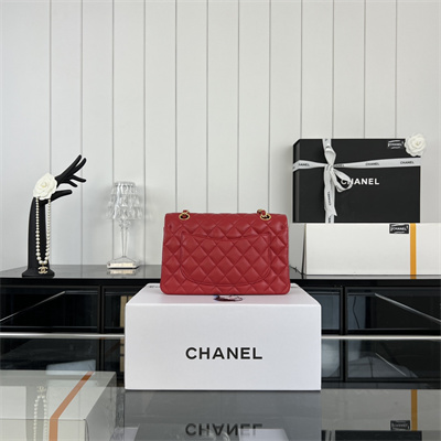 Cha.nel Small Classic Flap Bag Lambskin Gold Tone Metal Red 01117