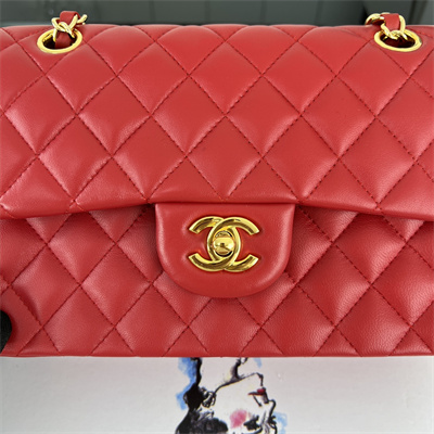 Cha.nel Small Classic Flap Bag Lambskin Gold Tone Metal Red 01117