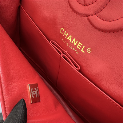 Cha.nel Small Classic Flap Bag Lambskin Gold Tone Metal Red 01117