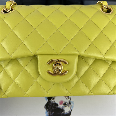 Cha.nel Small Classic Flap Bag Lambskin Gold Tone Metal Yellow 01117