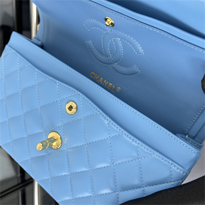 Cha.nel Small Classic Flap Bag Lambskin Gold Tone Metal Blue 01117