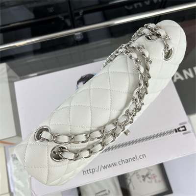 Cha.nel Medium Classic Flap Bag Grained Calfskin Silver Tone Metal White 01112