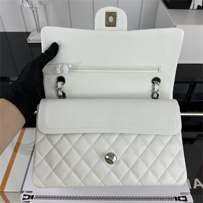 Cha.nel Medium Classic Flap Bag Grained Calfskin Silver Tone Metal White 01112