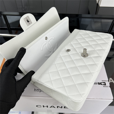 Cha.nel Medium Classic Flap Bag Grained Calfskin Silver Tone Metal White 01112