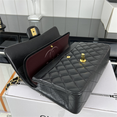 Cha.nel Medium Classic Flap Bag Grained Calfskin Gold Tone Metal Black 01112