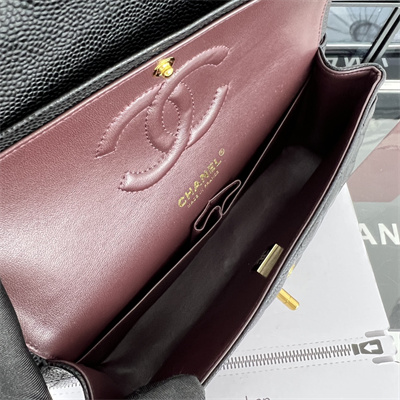 Cha.nel Medium Classic Flap Bag Grained Calfskin Gold Tone Metal Black 01112(Flap Edge Stitch)