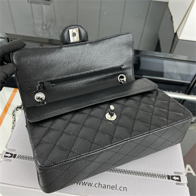 Cha.nel Medium Classic Flap Bag Grained Calfskin Silver Tone Metal Black 01112 (Flap Edge Stitch)